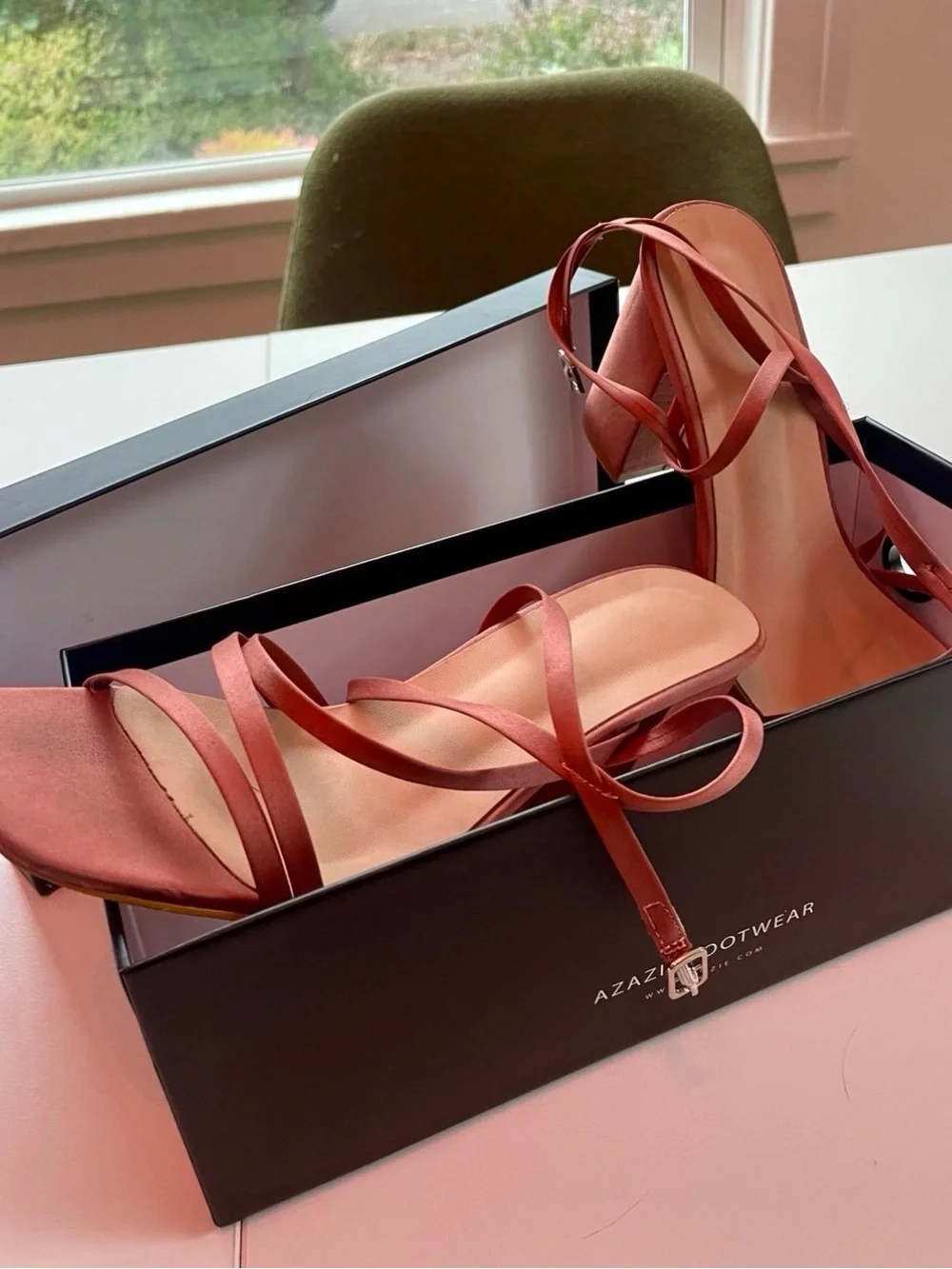 Azazie Satin Strappy Block Heel Sandals in cedar rose